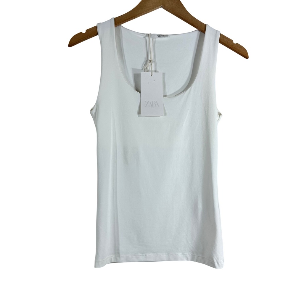 Zara Womens White Scoop Neck Tank Top Slim Fit Stretch Basic 3905/981/712 Size S